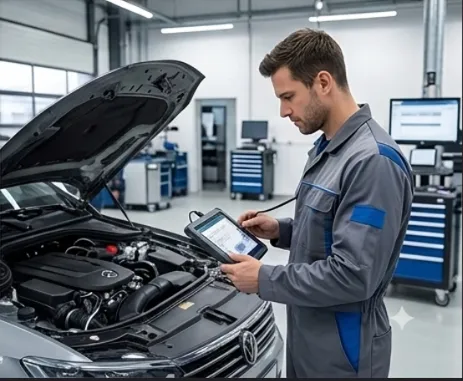 Commercial vehicle mechatronics technician in the workshop
